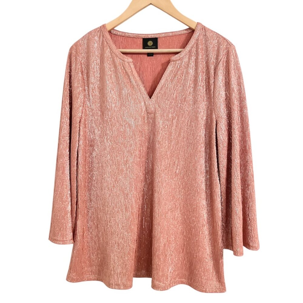 JM Collection Women's Top Size Medium Pleated Metallic Shine V-Neck 3/4 Sleeves